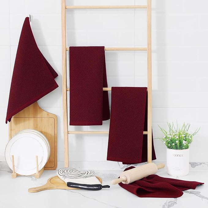 Homaxy 100% Cotton Waffle Weave Kitchen Dish Towels, Ultra Soft Absorbent Quick Drying Cleaning Towel, 13 x 28 Inches, 24-Pack, Burgundy