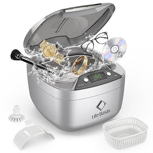 Life Basis Ultrasonic Cleaner Household Ultrasonic Jewelry Cleaner 850ml (28 Ounces) LCD Screen with 5 Digital Timer Watch Stand CD Holder for Ring Jewelry CD DVD Watches Glasses Makeup Brush - Silver