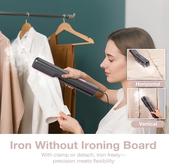 Newbealer 3in1 Travel Iron, 100-240V Clothes Steamer,2 Steam Levels,Ashpink | Portable for On-the-Go, Heats in 20s, Dry Iron w/ Clamp, 180° Rotatable Head, 360° Leak-Proof, Auto-Off, Self-Cleaning, 90ml