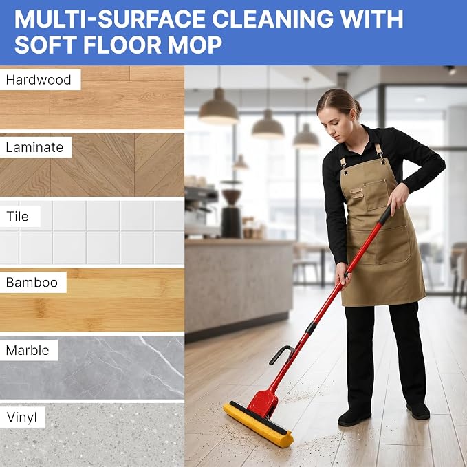 Mop Bucket on Wheels, Commercial Sponge Mop and Bucket Set for Floor Cleaning with 2 Compressed Cellulose Replacement Heads, Heavy Duty Industrial Mops for Hardwood Tile for Office Workshop Warehouse