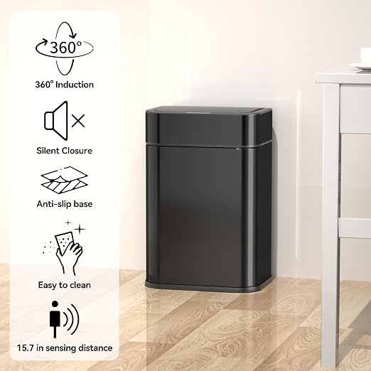 FRESHLIX Kitchen Trash Can Automatic Touchless with 360° Motion Sensor & Silent Close Lid 6 Gallon Stainless Steel Auto-Adsorption Smart Bathroom Garbage Cans with Pre-Cut Drawstring Bags