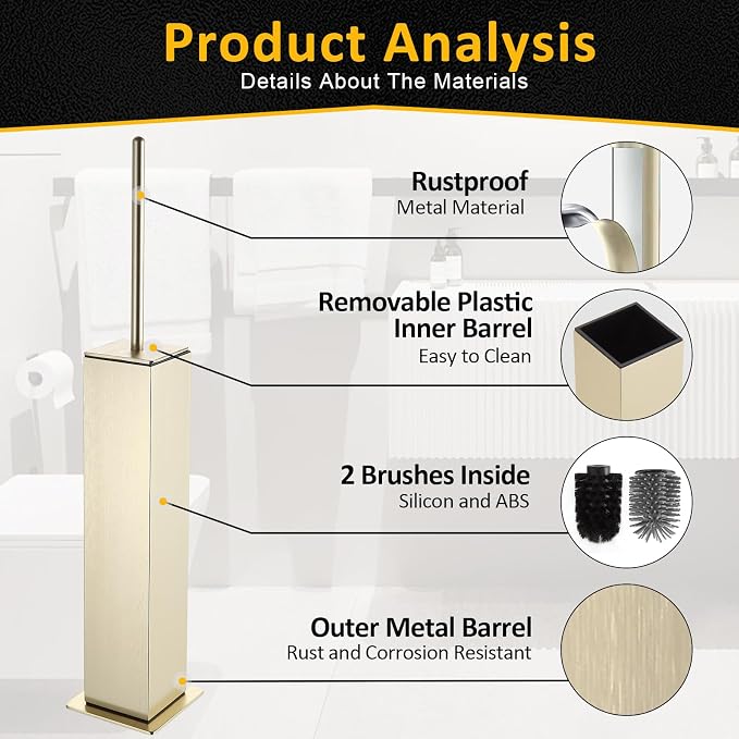 BVL Toilet Brush and Holder Floor Standing, Brushed Gold with 2 Replaceable Heads, Bathroom Toilet Brush, Freestanding Toilet Bowl Brush with Removable Liner and Splash Guard
