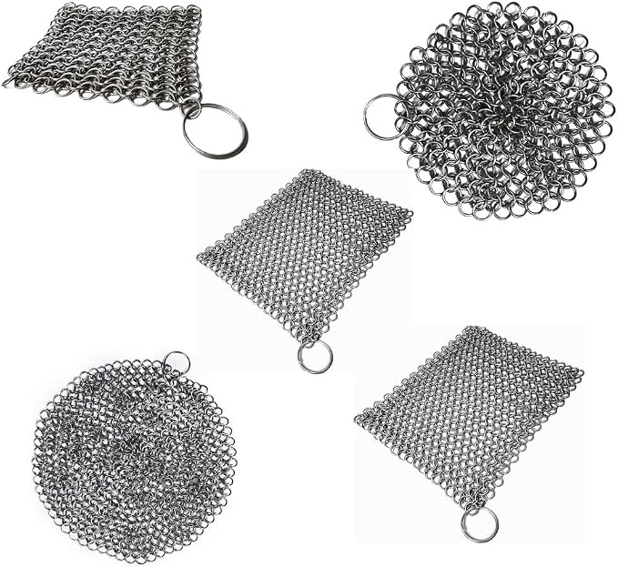 Mythrojan Cast Iron Scrubber Premium 316L Stainless Steel Skillet Cleaner 5 Pack Cast Iron Chaimail Scrubber for Pan, Hard Anodized Cookware, Dutch Oven BBQ Grill, Wok, Cooking Pot