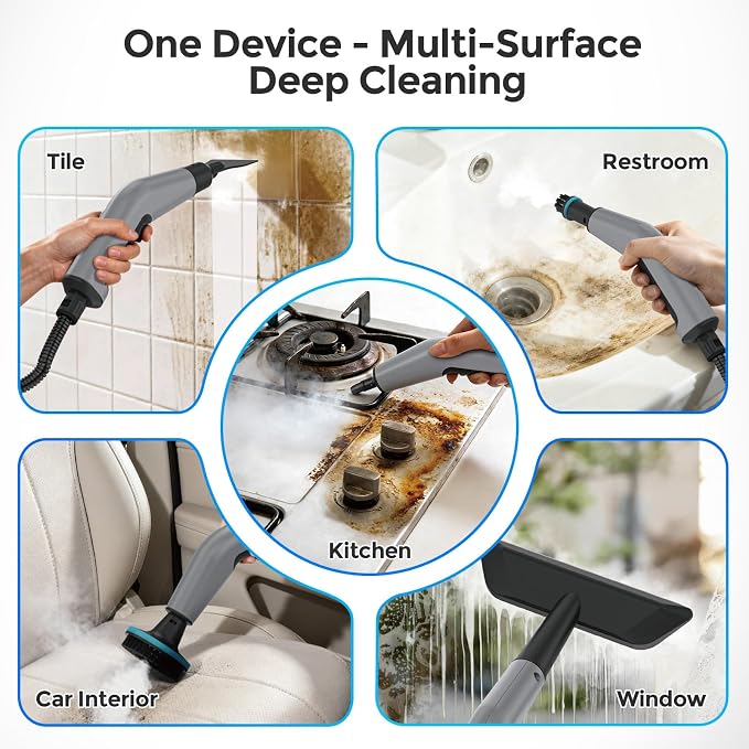 Steam Cleaner, Portable Steam Cleaner for Home with 1800W High Pressure, 15s Heat-Up,1600ML Large Tank, Handheld Steam Cleaner for Cleaning Upholstery, Tile, Car, Bathroom, Grout, Floor (Grey)