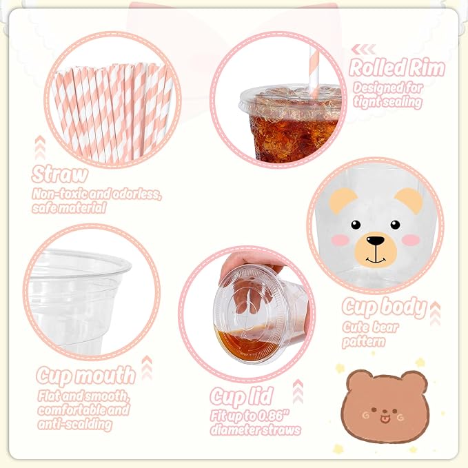 Whaline 50 Pcs 12 Oz Bear Disposable Plastic Cups with Lids and Straws Funny Bear Face Cold Beverage Drinking Cups for Birthday Baby Shower Party Supplies