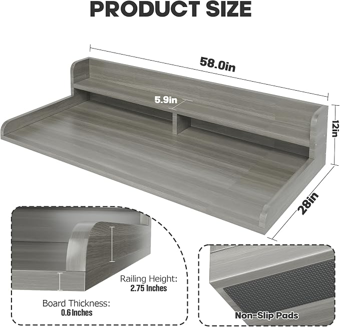 2-Tier Washer Dryer Countertop with 2.75" H Edge Rails, 58" W x 28" D Laundry Countertop for Folding Clothes, Washer and Dryer Topper with Non-Slip Pad (Stripe Gray)