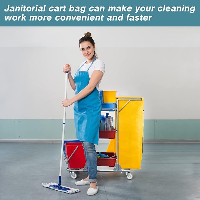 Meanplan 2 Pack Cleaning Cart Bag Zippered Front Replacement Janitorial Cart Thick Bag Large Capacity Commercial Cleaning Bags for Housekeeping Carts, Yellow (26.5 x 15.5 x 10.5 Inch)