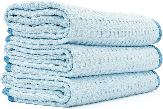 The Rag Company Dry Me A River, Professional Korean 70/30 Blend Microfiber Waffle-Weave Drying & Detailing Towels, Soft Suede Edges, 390 GSM, 16x24 Inches, Light Blue, 3-Pack