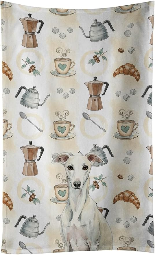 Caroline's Treasures White Whippet Coffee Bar Kitchen Towel Velour Plush Front and Cotton Loop Back Machine Washable