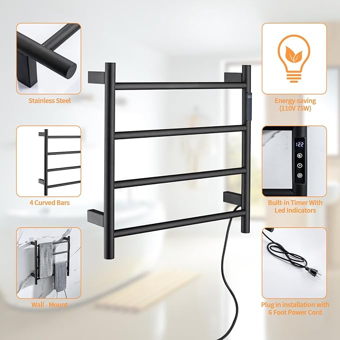 Heated Towel Racks,4 Bars Towel Warmer Rack for Bathroom, Wall Mounted Electric Towel Warmer with Timer, Plug-in/Hardwired Towel Dryer Rack Matte Black