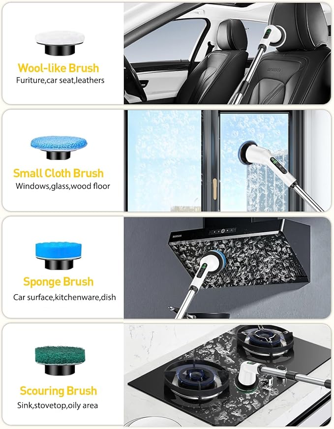 Shower Scrubber with Long Handle, Shower Cleaner Brush with 8 Brush Heads, Cordless Electric Spin Scrubber for Cleaning with 2 Speed, Cleaning Supplies for Bathroom Bathtub Kitchen Floor Tile Toilet