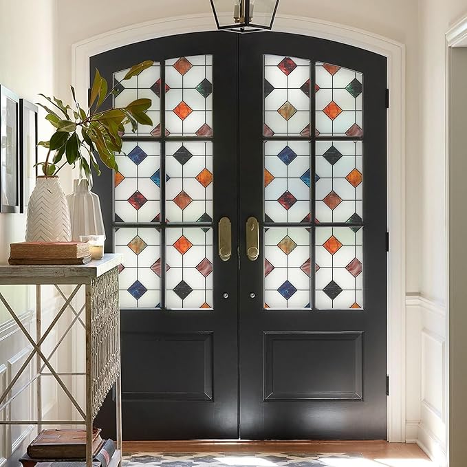 DKTIE Stained Glass Window Film Geometric Patterns, Fine Frosted Window Clings for Glass Windows, Waterproof for Bathroom Window Privacy Film Day and Night (S533, 17.7in X 78.7in)