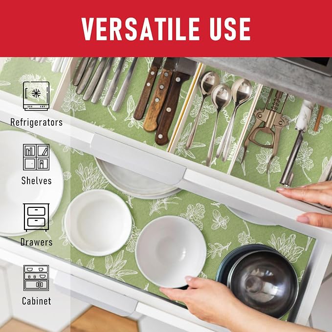 Cooyes Large Fridge Liners for Refrigerator, 17.7" × 360", Drawer & Shelf Liners for Kitchen Cabinets Non-Adhesive, Breathable Cloth Material, Non-Slip, Keep Produce Fresh Longer, Sage Green