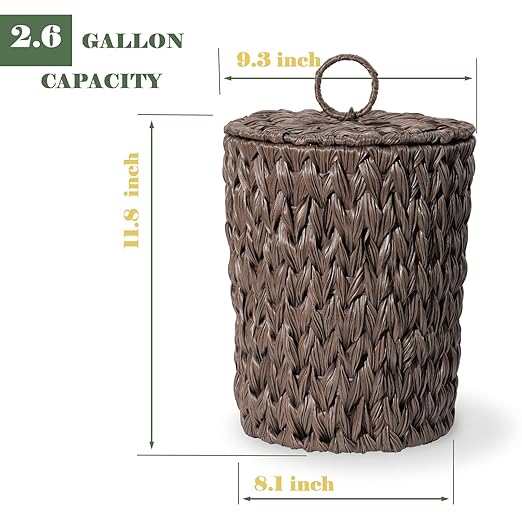 Plastic Wicker Trash Can with Lid - 2.6 Gallon Small Garbage Can with Removable Liner Bucket for Bedroom, Bathroom, Living Room - Boho Hand Woven Waste Basket for Home, Office, Brown