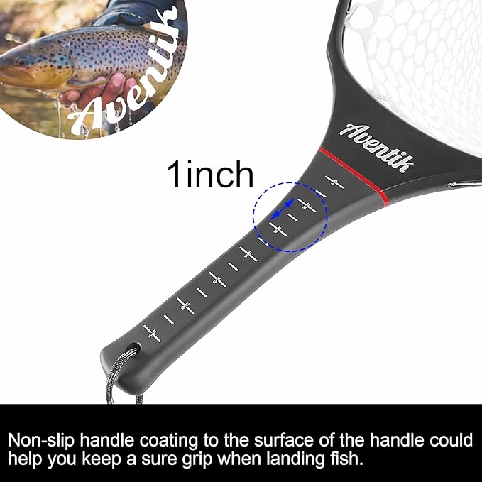 Aventik Floating Fly Fishing Net Carbon Fiber Square Landing Net with Accurate Measuring Handle Clear Rubber Ghost Mesh for Professional Trout Fishing Catch & Release