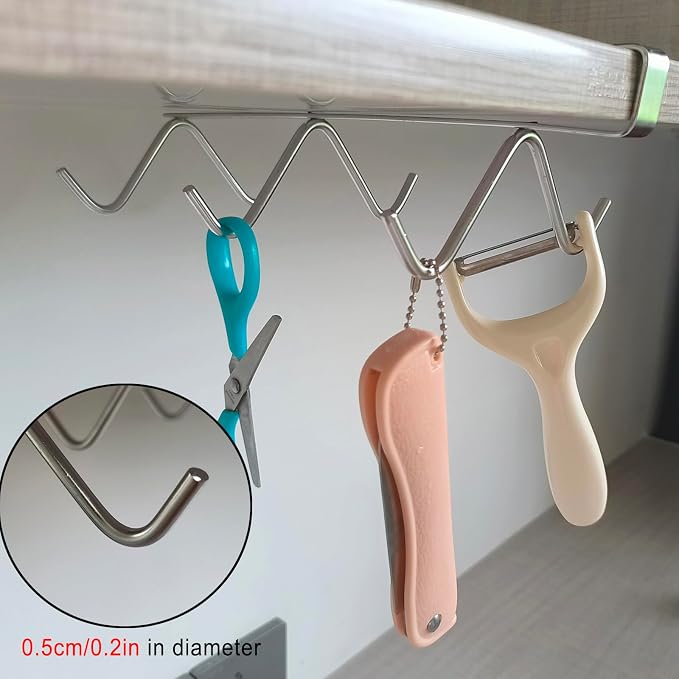 6 Hooks Under Cabinet Mug Holder for Coffee Cups and Kitchen Utensils, Silver
