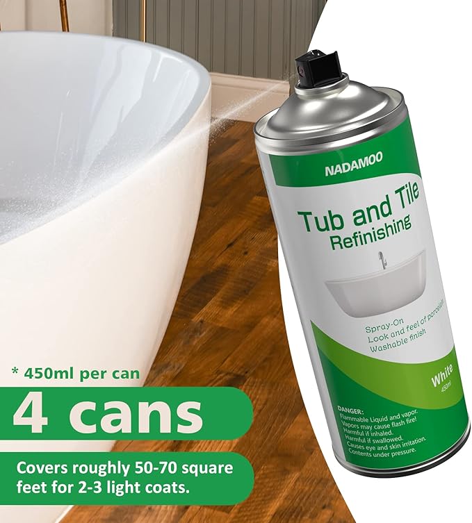 NADAMOO Tub and Tile Spray Paint White, 450ml, 4 Cans, Aerosol Bathtub Refinishing Kit for Porcelain Fiberglass Ceramic, DIY Resurfacing Bathroom Sink Countertop