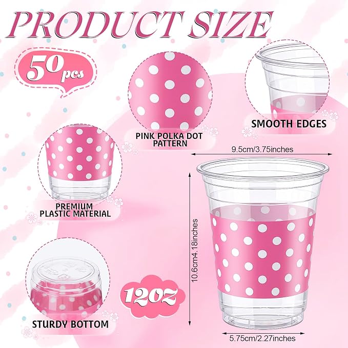 Qinyoung 50 Pcs Plastic Cups 12oz Disposable Cups Bulk Drinking Cup for Cold Drinks Baby Shower Wedding Birthday Valentine's Day Party Supplies (Pink Dot)