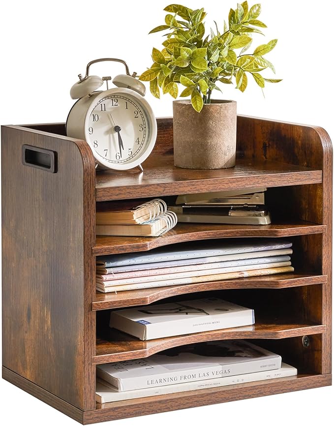 YMYNY Desktop File Organizer with Handle, Document Letter Mail Tray Sorter with 3 Adjustable Shelves, 5 Tiers Paper Holder for School Home Office Desk, Rustic Brown,13.4 * 12.4 * 9.06" UHBC006H