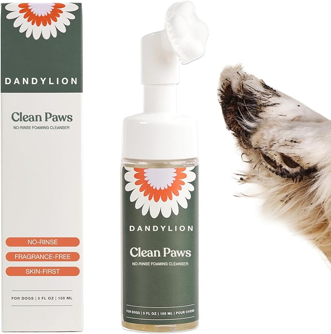 Dandylion Dog Paw Cleaner, Clean Paws, Dog Paw Washer, No Rinse Foam Cleaner for Dogs, Fragrance Free pH Balanced Foaming Washer with Silicone Brush, Pet Cleaning Supplies, 5 fl oz
