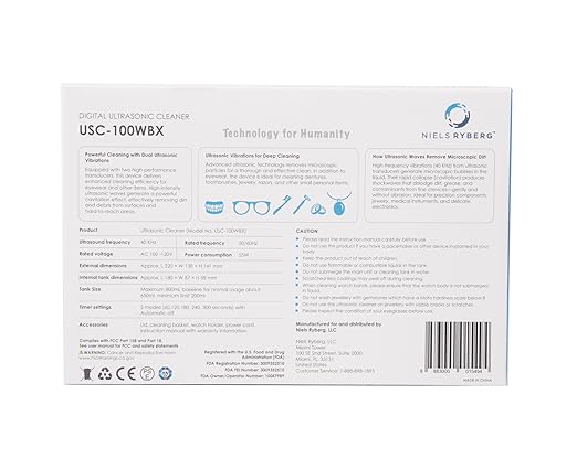 Digital Ultrasonic Cleaner USC-100WBX - 27oz / 800ML Large Capacity, Dual Transducers, 5 Cleaning Modes with Overheat Protection for Jewelry, Watches, Eyeglasses, Dentures and Retainers