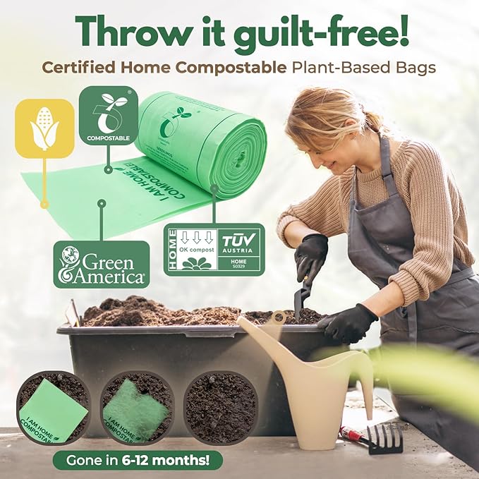 AIRNEX 40 Count Compost Bags for Countertop Bin 13 Gal & Bamboo Dish Brushes Set of 3-100% Compostable Trash Bags made of Cornstarch - Medium Stiff Sisal &Strong Blend of Coconut Bristles Brushes