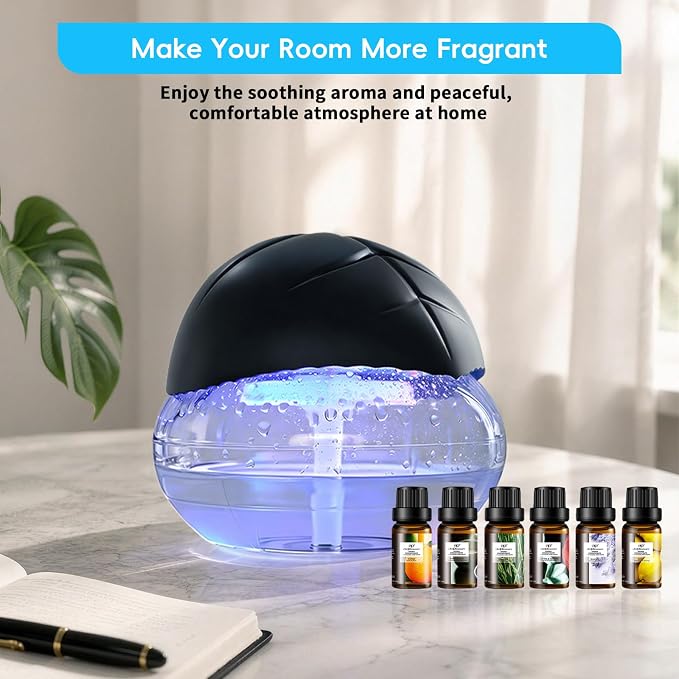 Water Based Air Purifier with Essential Oil Diffuser Pack, Air Washer with 7 Color LED Night Light, Air Revitalizer Includes 6x10ml Essential Oil Aroma Diffuser for Home, Office, Pet