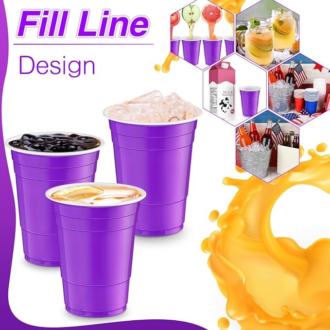 Lounsweer 100 Pcs 16 oz Disposable Party Cups Plastic Heavy Duty Drinking Water Cups for Birthday Baby Shower Wedding BBQ Picnic Party Supplies(Purple)
