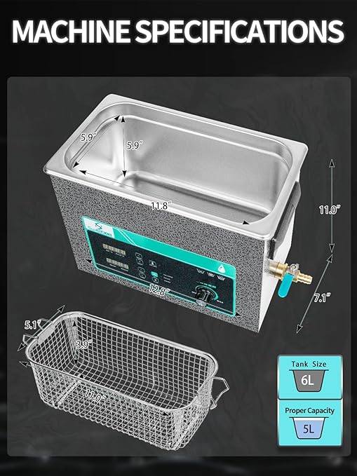 Ultrasonic Cleaner 6L, Sweep Function, 180W Power Adjustable Ultrasonic Parts Cleaner for Cleaning Carburetor, Metal Engine Parts, Gun, Oil Filter, Bike Chain, Gear, Eyewear, Watch, Jewelry