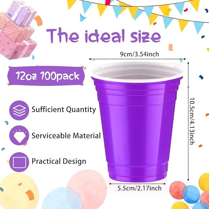 Sabary 100 Pack 12oz Plastic Cups Purple Graduation Heavy Duty Drinking Disposable Cups with Lines for Beverage Wedding Holiday Camping Barbecues Birthday Party Summer Outdoor Picnic