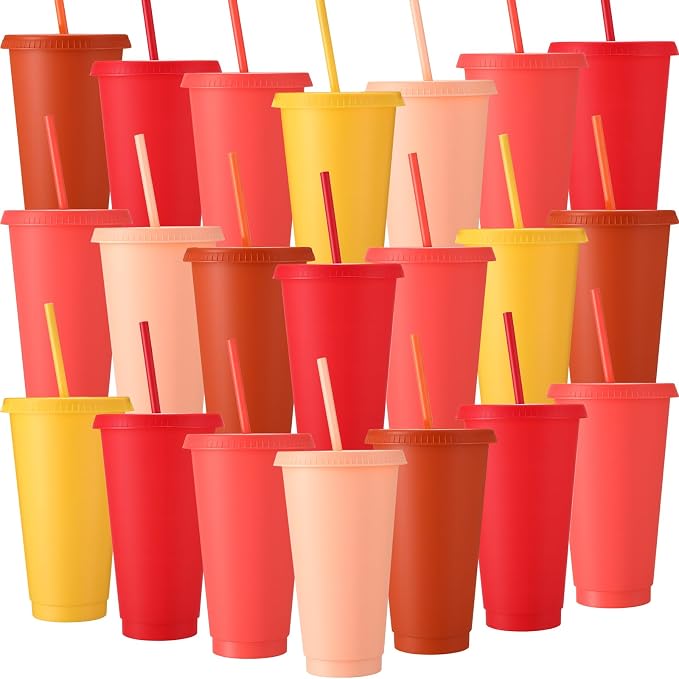 Honeydak 30 Pack Tumbler with Straw and Lid Bulk Cups for Gifts Water Bottle Iced Coffee Travel Mug Cup Reusable Plastic Tumblers for Party Birthdays 24-27 oz (Fall Color)