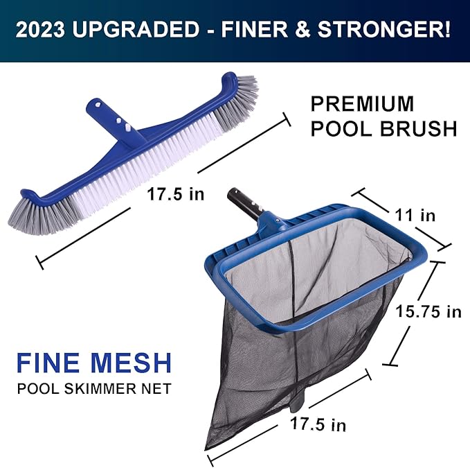 POOLAZA Normal Mesh & Fine Mesh Pool Skimmer Net, 17.5" Pool Brush & 10.5" Aluminum Pool Pole