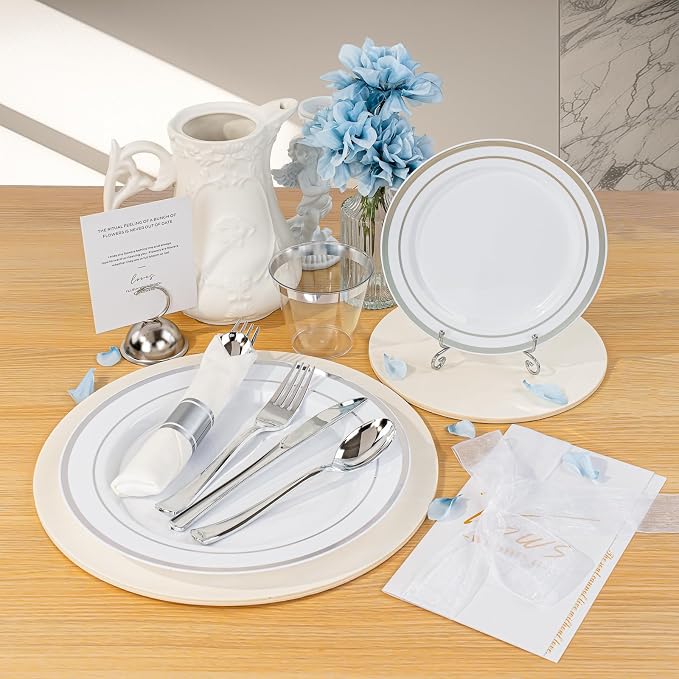 BESTVIP 700PCS Silver Plastic Dinnerware Set for 100 Guests, Disposable Plates for Party, Include: 200 Plastic Plates, 100 Pre Rolled Napkins with Silver Silverware, 100 Cups for Christmas, Halloween