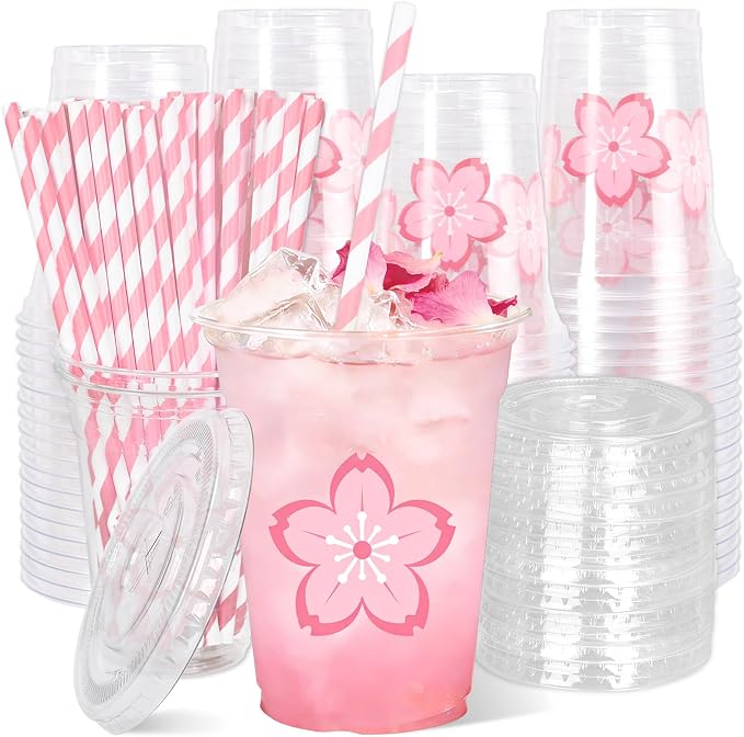 Whaline 50Pcs 12Oz Pink Cherry Blossom Disposable Plastic Cups with Lids and Straws Cute Sakura Cold Beverage Drinking Cups for Spring Wedding Birthday Party Supplies