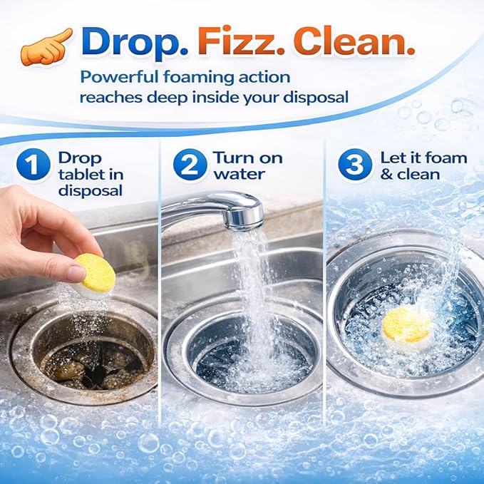 Garbage Disposal Cleaner Tablets – 24 Pack Foaming Sink Deodorizer & Drain Cleaner, Fresh Citrus Scent, Kitchen Disposal Cleaning Pods, 1 Year Supply