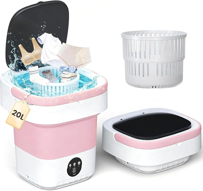 Portable Washing Machine 20L - Mini Washer with Spin Basket, 3 Cleaning Modes & Deep Wash for Small Clothes, Foldable Laundry for Apartment, Home, RV and Travel (Pink)