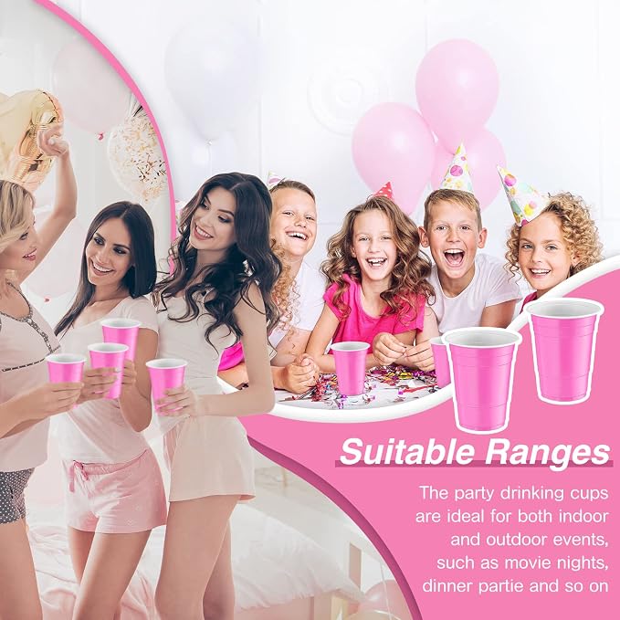 Lounsweer 100 Pcs 16 oz Disposable Party Cups Plastic Heavy Duty Drinking Water Cups for Birthday Baby Shower Wedding BBQ Picnic Party Supplies(Pink)