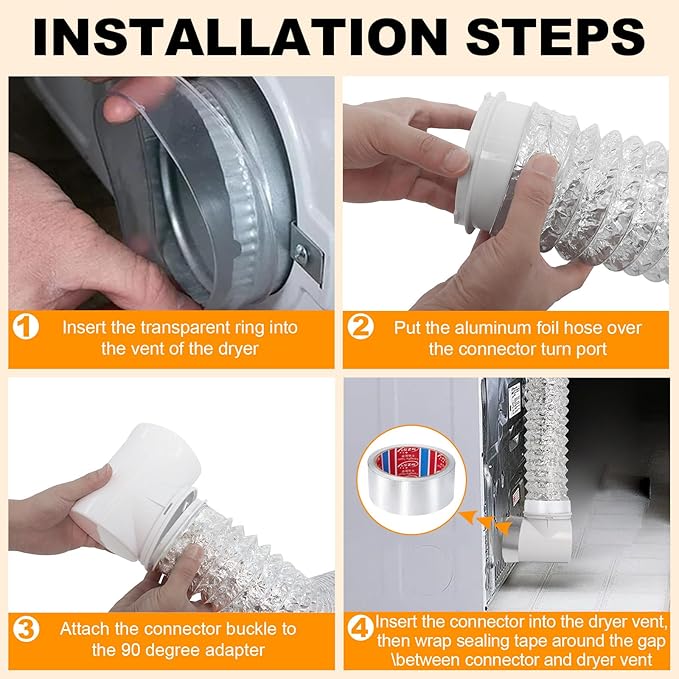 Dryer Vent Connector Kit, 4" Dryer Vent Hose for Tight Space with 90 Degree Elbow, 9.84FT Aluminum Exhaust Flexible Hose, Sealing Tap, Silver