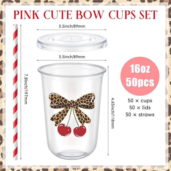 LemonRoad 50sets 16oz Leopard Cherry Cups Bow Cherry Birthday Party Decorations Supplies Cute Plastic Cups Disposable with Lids and Straws for Valentines Galentines Day Christmas Wedding Baby Shower