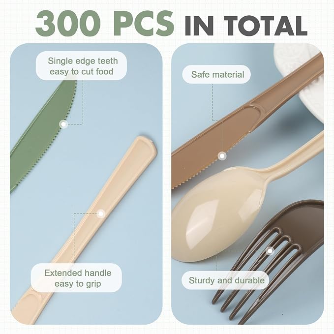 Kochorie 300 Pieces Woodland Plastic Silverware, Disposable Plastic Utensils, Heavy Duty Cutlery Set Heavyweight Flatware Includes Spoons Forks Knives for Birthday Wedding Forest Party Supplies