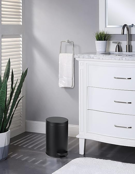 SunnyPoint 4.5 Liter(1.2 Gallon) Small Round Trash Can with Plastic Inner Bucket; Bathroom, Office, Kitchen and Bedroom Step On and Slow Close (BLK) (Pack of 2)