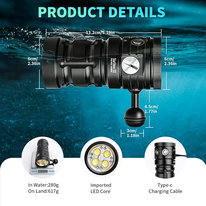 Starshine SX 8500 Lumens Dive Light - Professional Underwater Video Light with 95 CRI, 5500K White Light, USB-C Rechargeable, for Diving/Underwater Photography (IP68 Waterproof, 100m Depth)