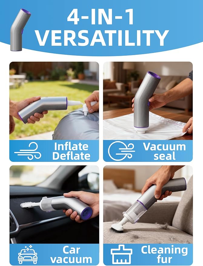 Vogano Car Vacuum Cleaner Cordless, 15KPa High Power, Portable Mini Handheld Vacuum Air Duster with 2 Suction Modes & Multi-Nozzles for Desk Home Office Pet Hair, Silver