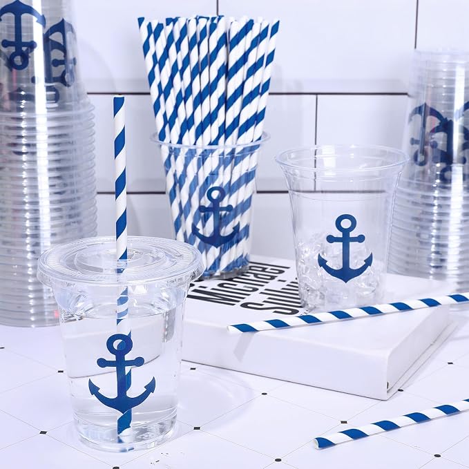 Whaline 50Pcs Nautical Disposable Plastic Cups with Lids and Straws 12 Oz Blue Anchor Cold Beverage Drinking Cups for Ocean Theme Birthday Party Supplies