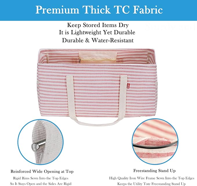 LHZK 2 Pack Extra Large Utility Tote Bag with Metal Wire Frame and the Sides Rinforced, Extra Large Tote Bag with Handle for Pool Beach Laundry Storage (Pink)