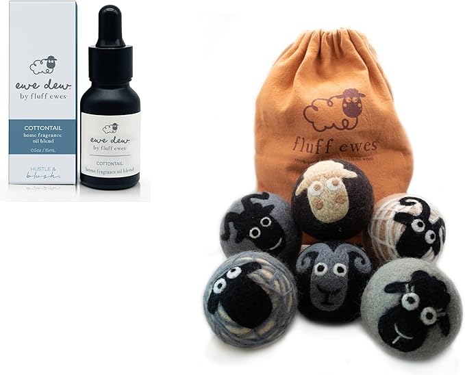 Fluff Ewes Premium Handmade New Zealand Reusable Wool Dryer Balls for Laundry & Baby + Ewe Dew Home Fragrance Aromatherapy Dryer Ball Essential Oil Blend, 2 Pack, Classic + Cottontail 0.5oz