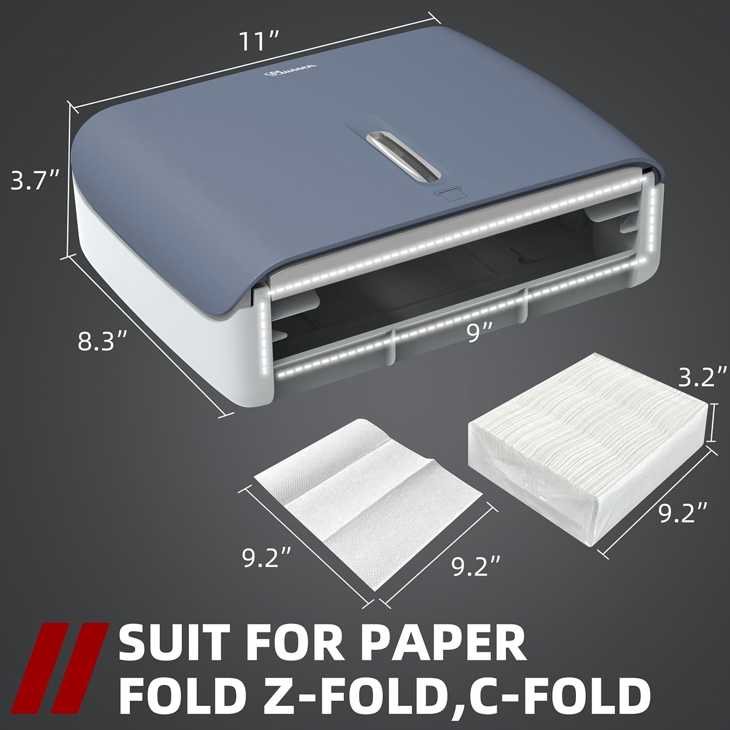 Paper Towel Dispenser Wall Mount,Capacity 200+ Sheets ZFold Tri Fold Blue Adhesive No Drilling or Screws Installation for Home Toilet