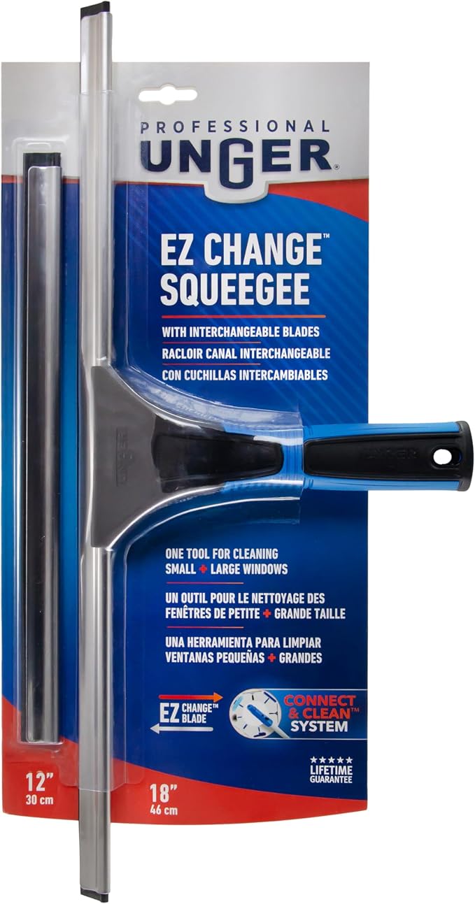 Unger Professional Connect and Clean 18” EZ Change Window and Glass Cleaning Squeegee, Large and Small Windows, Rubber Blade Tool for Streak-Free Results, Includes 12” Channel