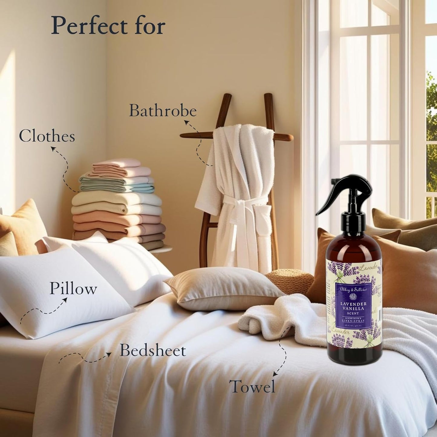 Abbey & Sullivan Odor Eliminating and Refreshing Linen and Room Spray, Lavender Vanilla, 16 oz.