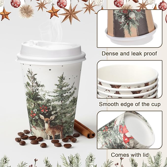 Gerrii 100 Set Christmas Paper Cups Disposable 12 oz with Lids Hot Chocolate Coffee Cups for Hot and Cold Drinks Tea Water Bar Supplies Holiday Winter Season(Cozy Winter)